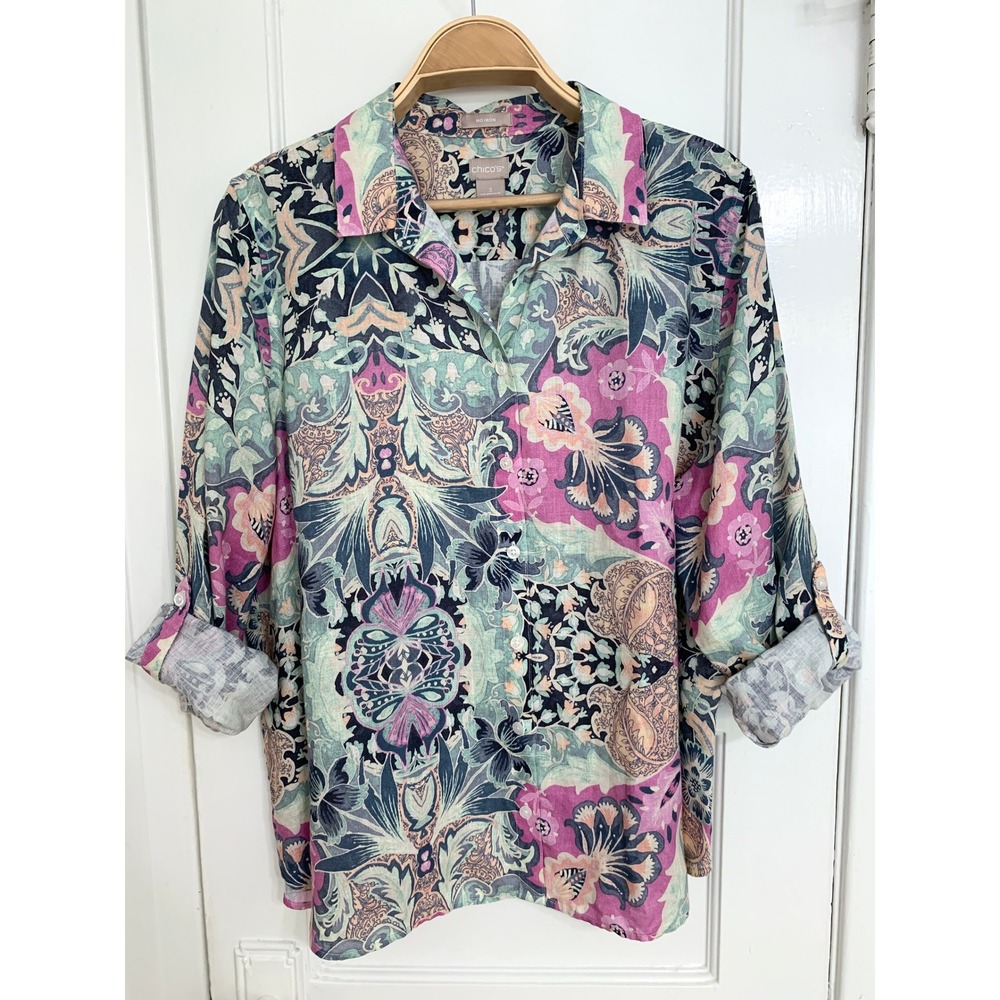 Chicos No-Iron Linen Floral Roll-Tab Shirt 3 (XL 16/18) NWOT Resort Pastel Top - Picture 3 of 16